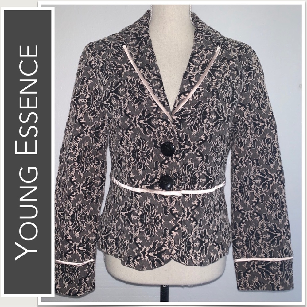 💕Young Essence Brocade Blazer Black/ Taupe, Ivory Silk Trim EUC